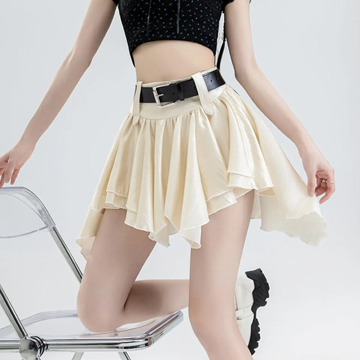 Casual Women's Mini Skirt Fashion Y2K High Waist A Line Irregular Pleated Hem Flowy Skirt with Lining
