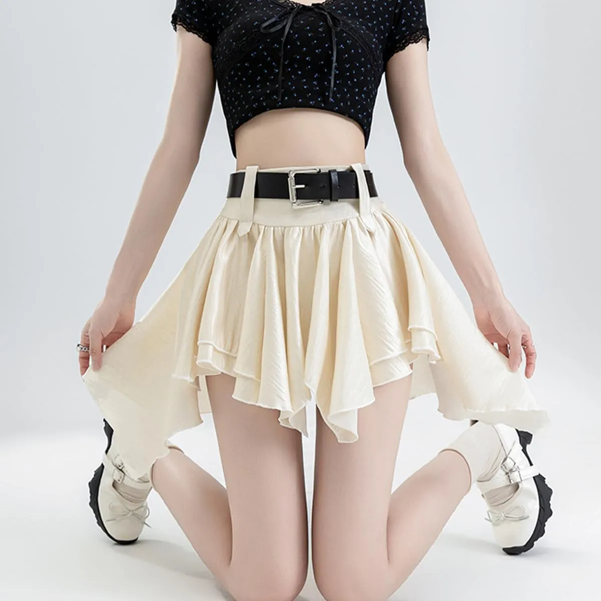 Casual Women's Mini Skirt Fashion Y2K High Waist A Line Irregular Pleated Hem Flowy Skirt with Lining
