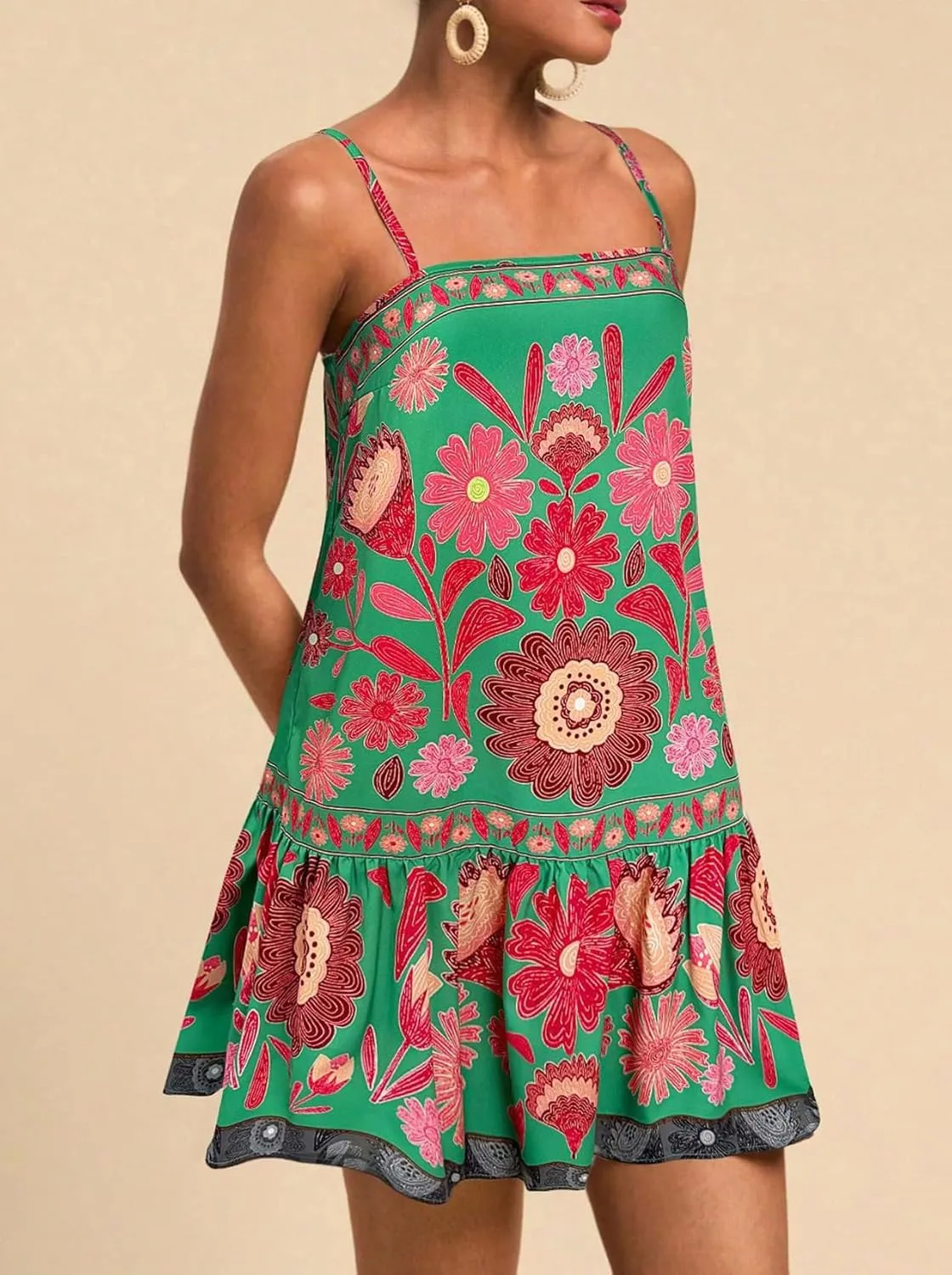 chouyatou Women's Boho Color Block Floral Printed Dress Sexy Spaghetti Strap Ruffle Babydoll Beach Mini Dress