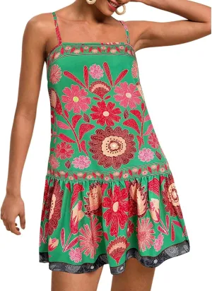chouyatou Women's Boho Color Block Floral Printed Dress Sexy Spaghetti Strap Ruffle Babydoll Beach Mini Dress