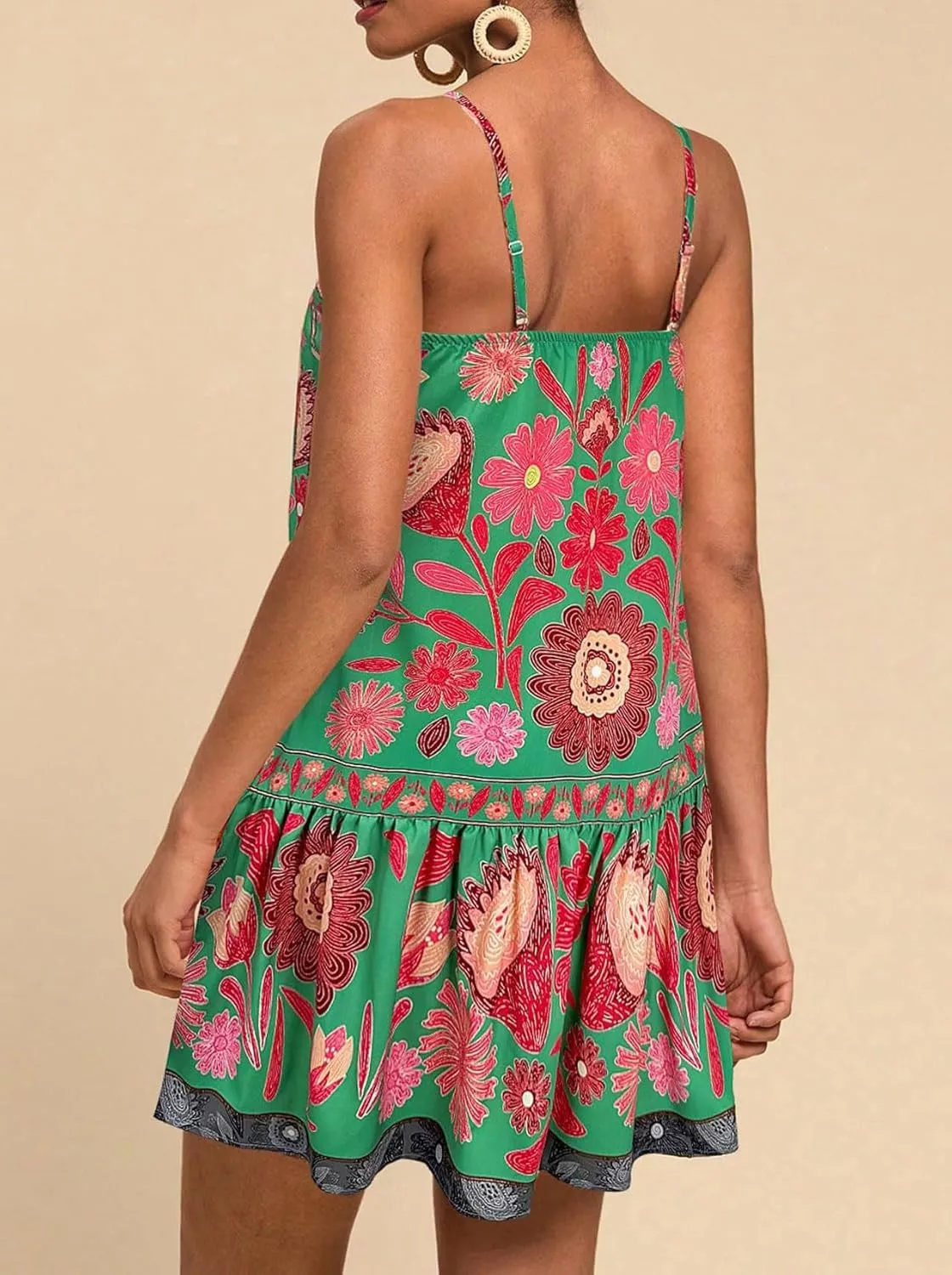 chouyatou Women's Boho Color Block Floral Printed Dress Sexy Spaghetti Strap Ruffle Babydoll Beach Mini Dress