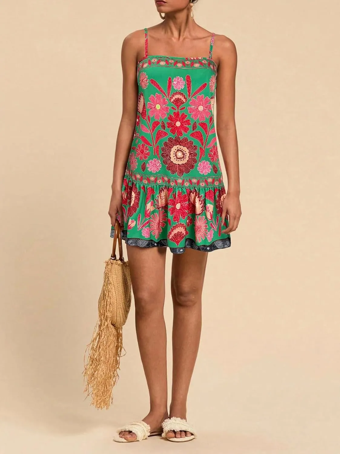chouyatou Women's Boho Color Block Floral Printed Dress Sexy Spaghetti Strap Ruffle Babydoll Beach Mini Dress