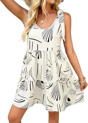 chouyatou Women's Boho Color Block Floral Ruffle Dress Sexy Shoulder Tie Babydoll Party Beach Mini Dress with Pockets