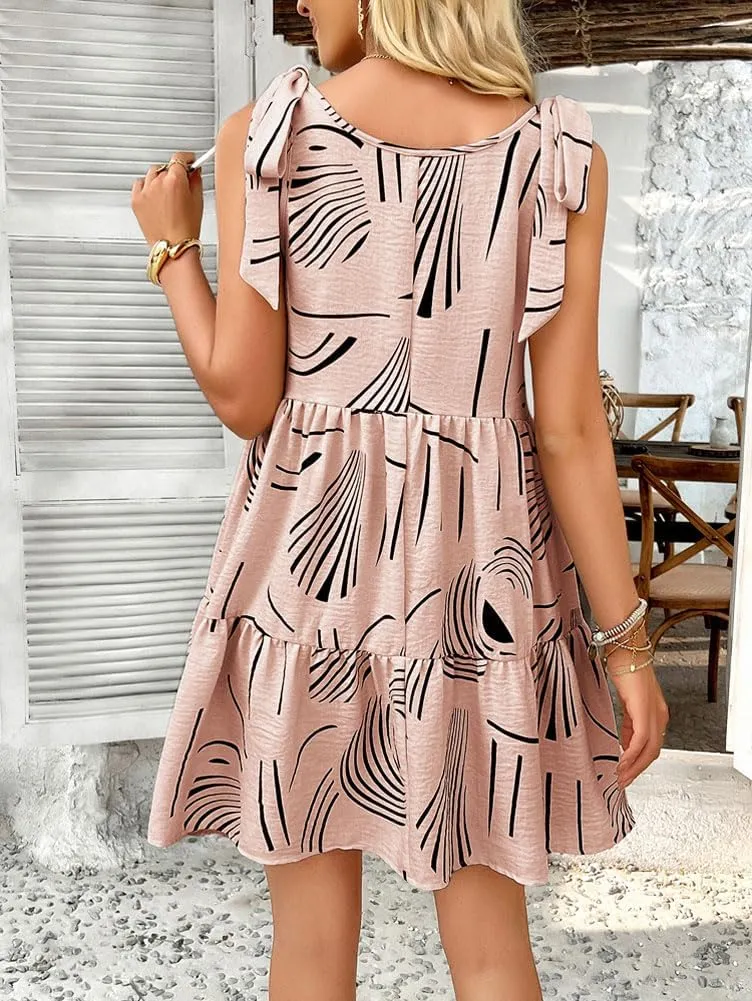 chouyatou Women's Boho Color Block Floral Ruffle Dress Sexy Shoulder Tie Babydoll Party Beach Mini Dress with Pockets