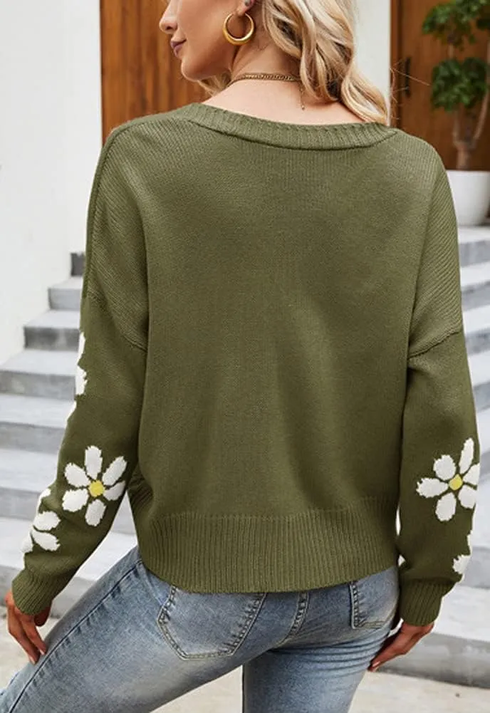 chouyatou Women's Fall Cute Daisy Button Jacquard Knit Cardigan Sweater Jacket