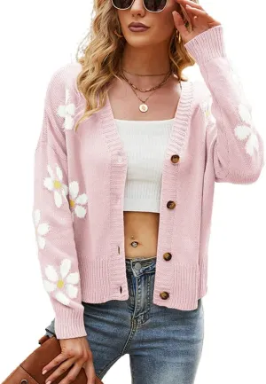 chouyatou Women's Fall Cute Daisy Button Jacquard Knit Cardigan Sweater Jacket