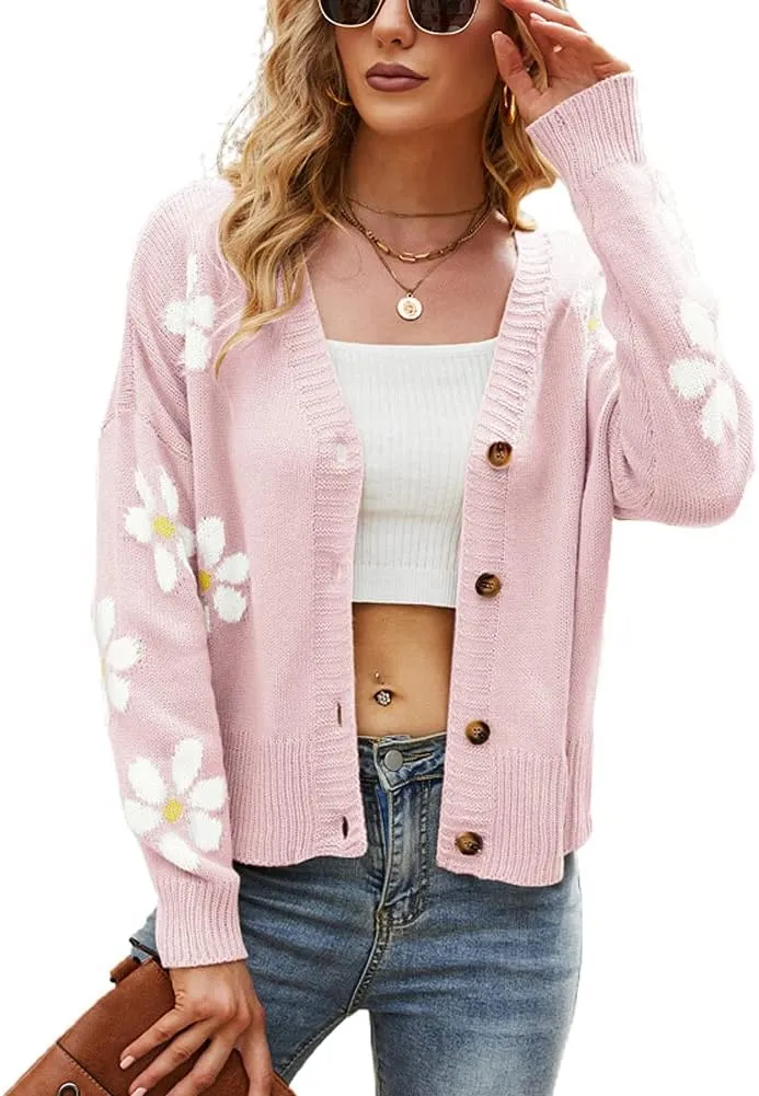 chouyatou Women's Fall Cute Daisy Button Jacquard Knit Cardigan Sweater Jacket