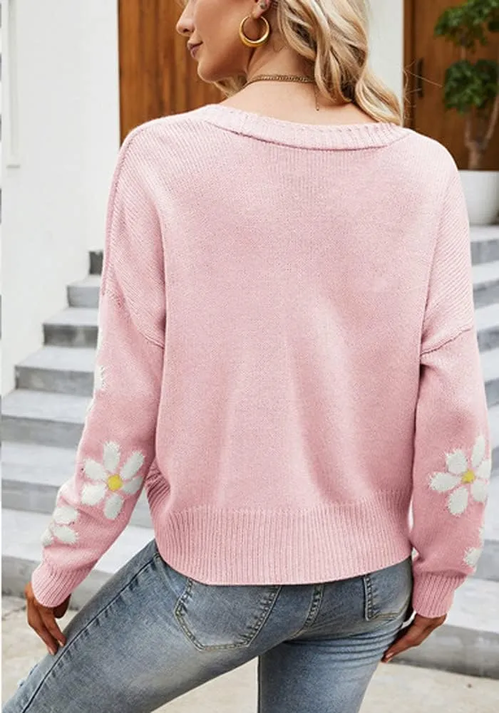 chouyatou Women's Fall Cute Daisy Button Jacquard Knit Cardigan Sweater Jacket