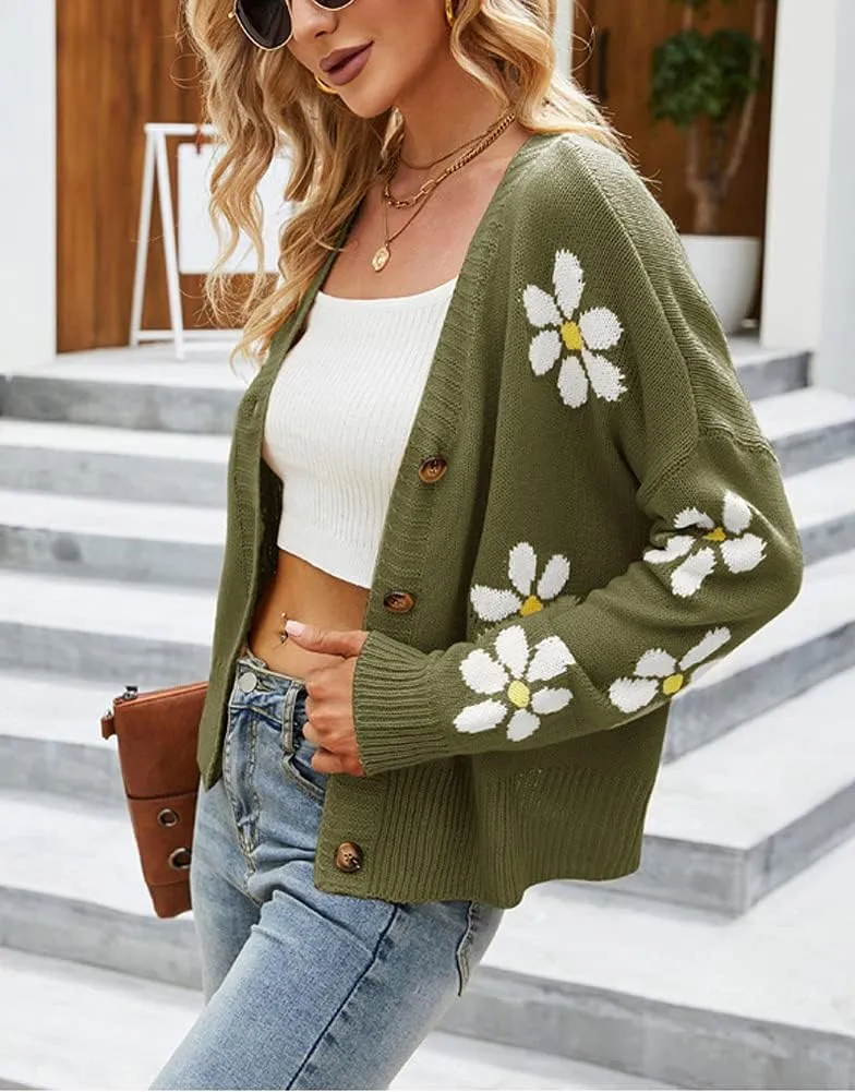 chouyatou Women's Fall Cute Daisy Button Jacquard Knit Cardigan Sweater Jacket