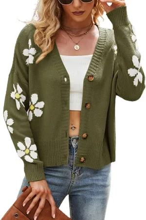 chouyatou Women's Fall Cute Daisy Button Jacquard Knit Cardigan Sweater Jacket