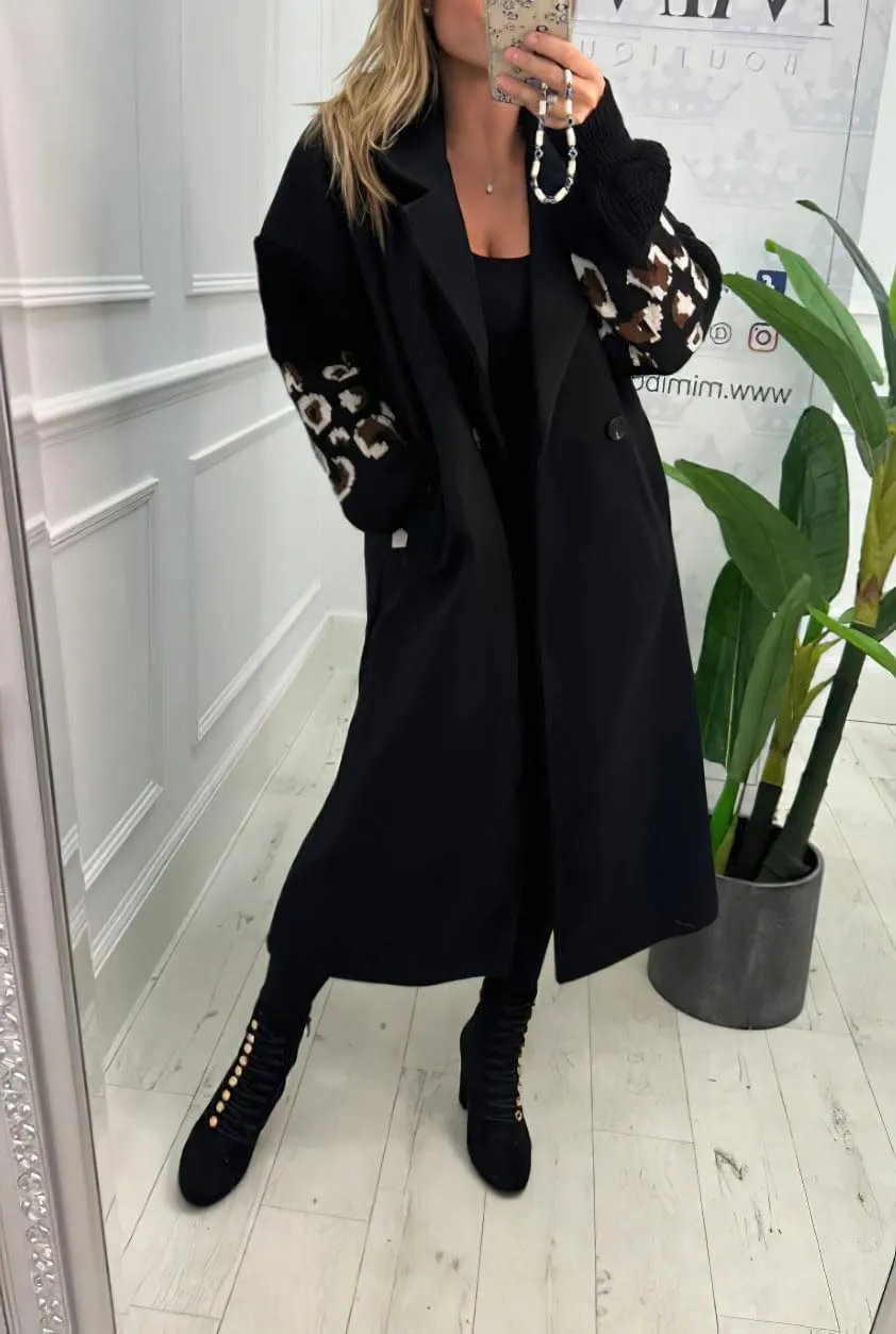 chouyatou Women's Leopard Print Knit Sleeve Wool Trench Coat Notched Lapel Double Breasted Long Pea Coat