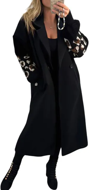 chouyatou Women's Leopard Print Knit Sleeve Wool Trench Coat Notched Lapel Double Breasted Long Pea Coat