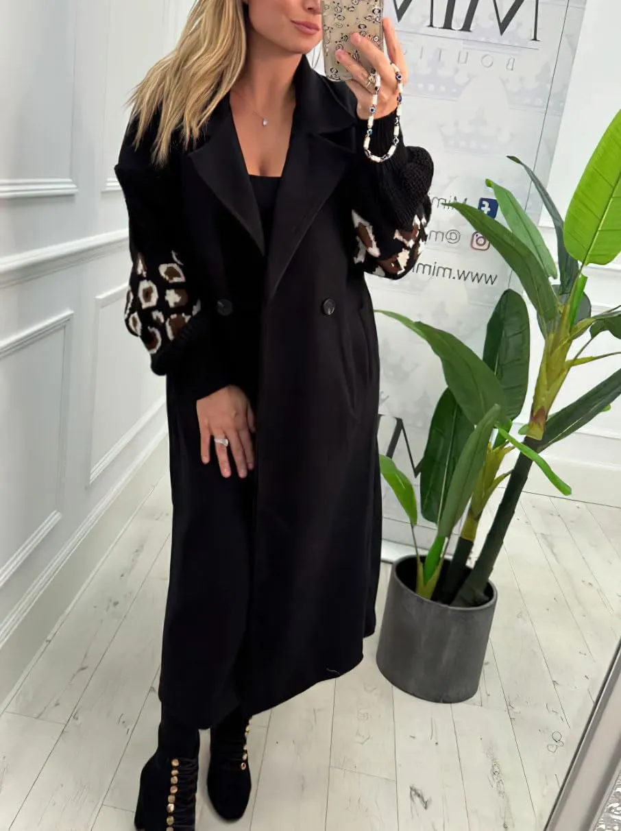 chouyatou Women's Leopard Print Knit Sleeve Wool Trench Coat Notched Lapel Double Breasted Long Pea Coat