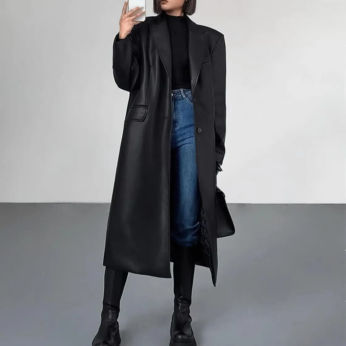 chouyatou Women's PU Leather Notch Lapel Button Down Trench Coat Long Faux Leather Blazer Jacket Overcoat