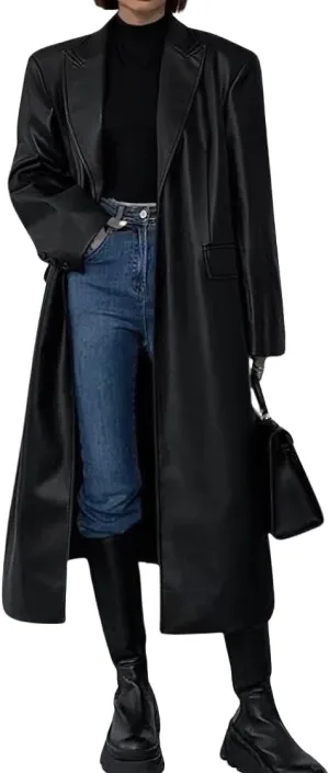 chouyatou Women's PU Leather Notch Lapel Button Down Trench Coat Long Faux Leather Blazer Jacket Overcoat