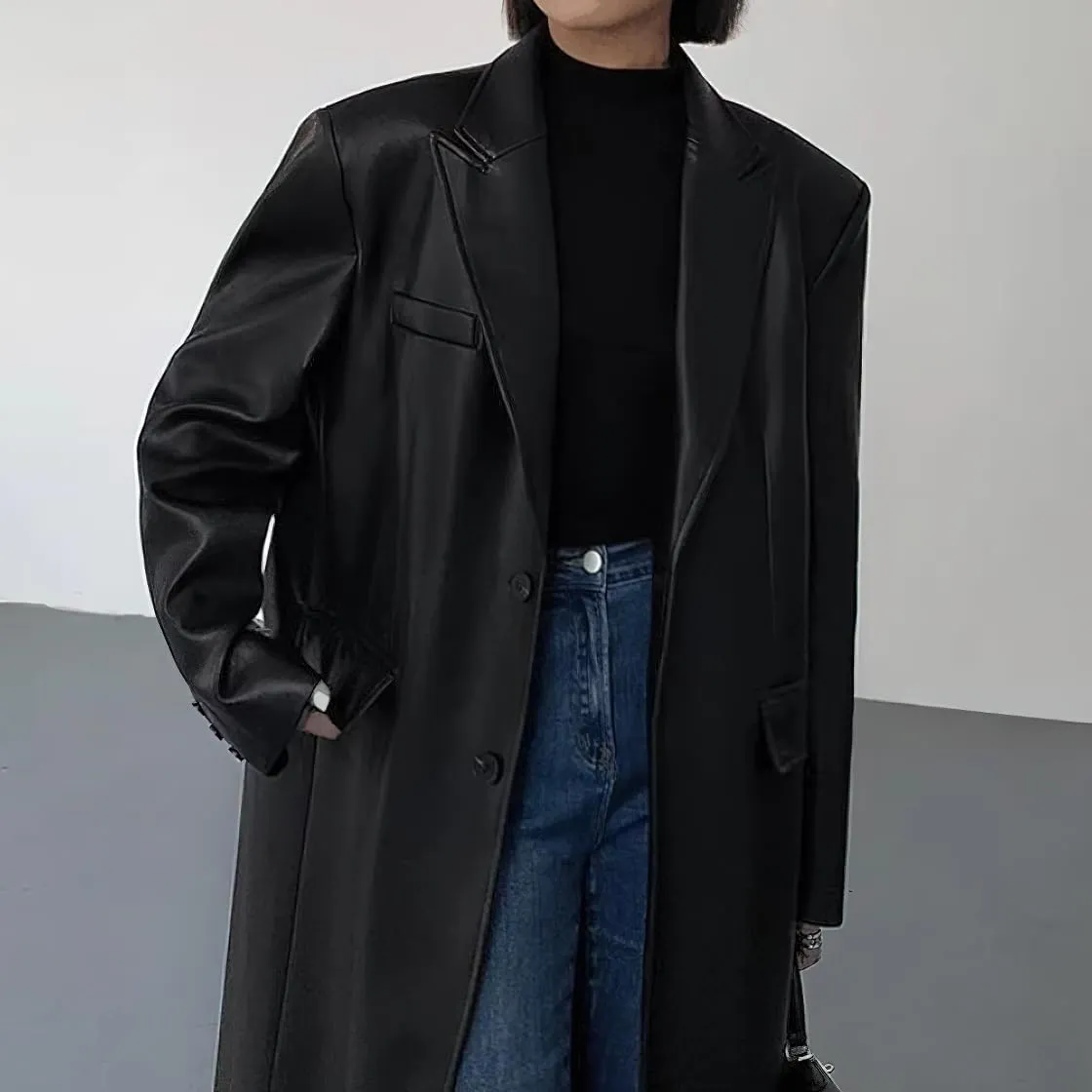 chouyatou Women's PU Leather Notch Lapel Button Down Trench Coat Long Faux Leather Blazer Jacket Overcoat