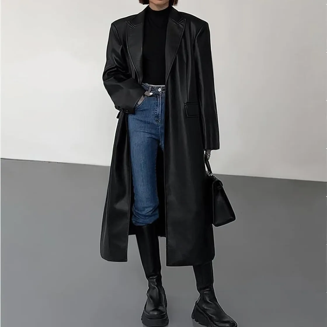 chouyatou Women's PU Leather Notch Lapel Button Down Trench Coat Long Faux Leather Blazer Jacket Overcoat