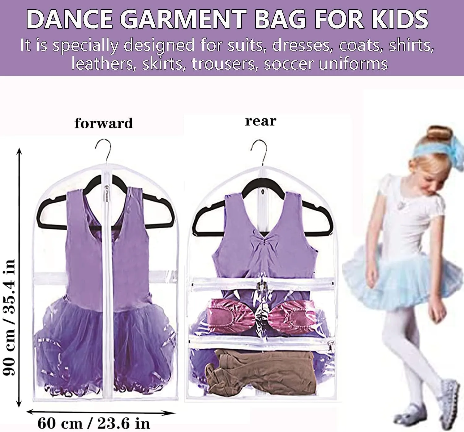 Clear Kids Dance Garment Bag for Hanging Clothes,35 Inch Waterproof PVC Travel Garment Bag with 3 Pockets for Dance Costumes,Sports,Skating,Theatre,Beauty Pageants & More