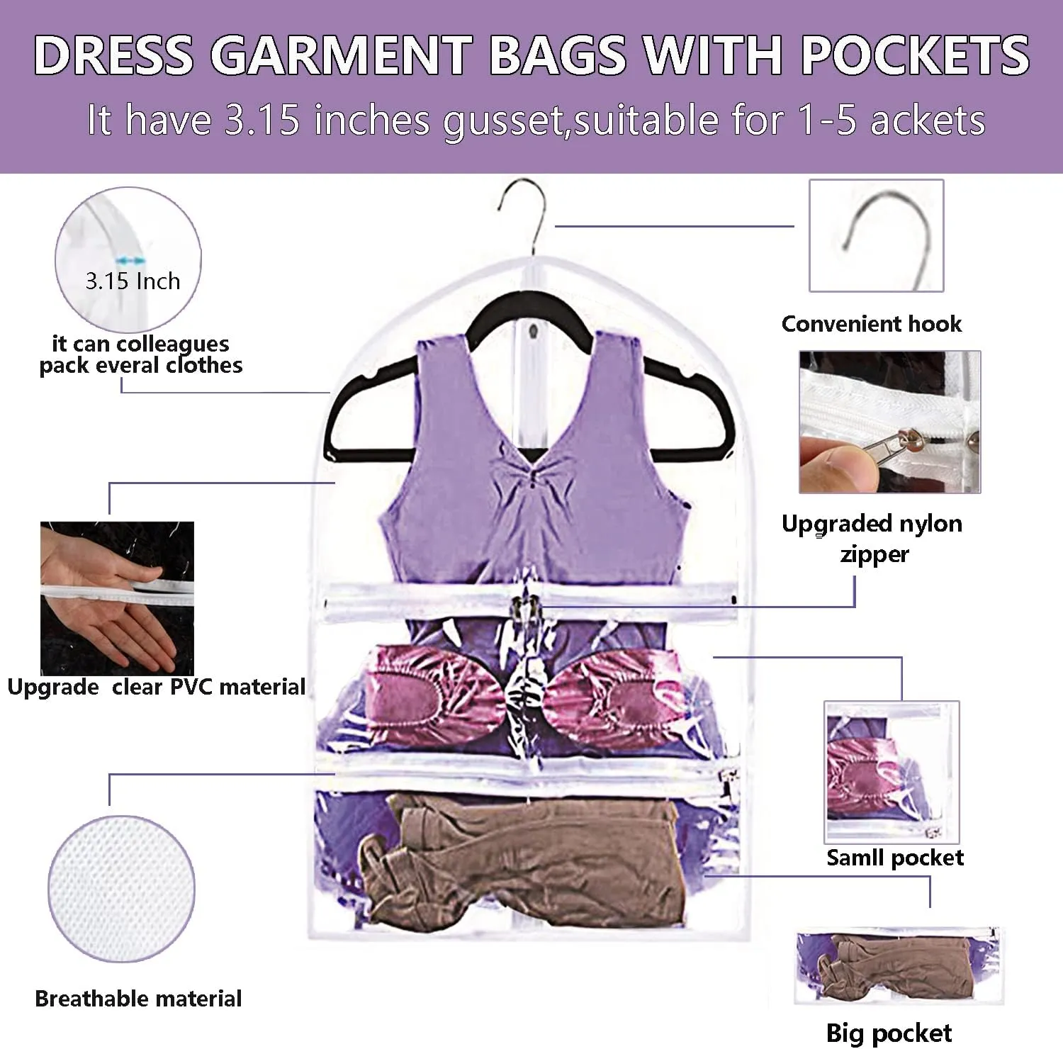 Clear Kids Dance Garment Bag for Hanging Clothes,35 Inch Waterproof PVC Travel Garment Bag with 3 Pockets for Dance Costumes,Sports,Skating,Theatre,Beauty Pageants & More