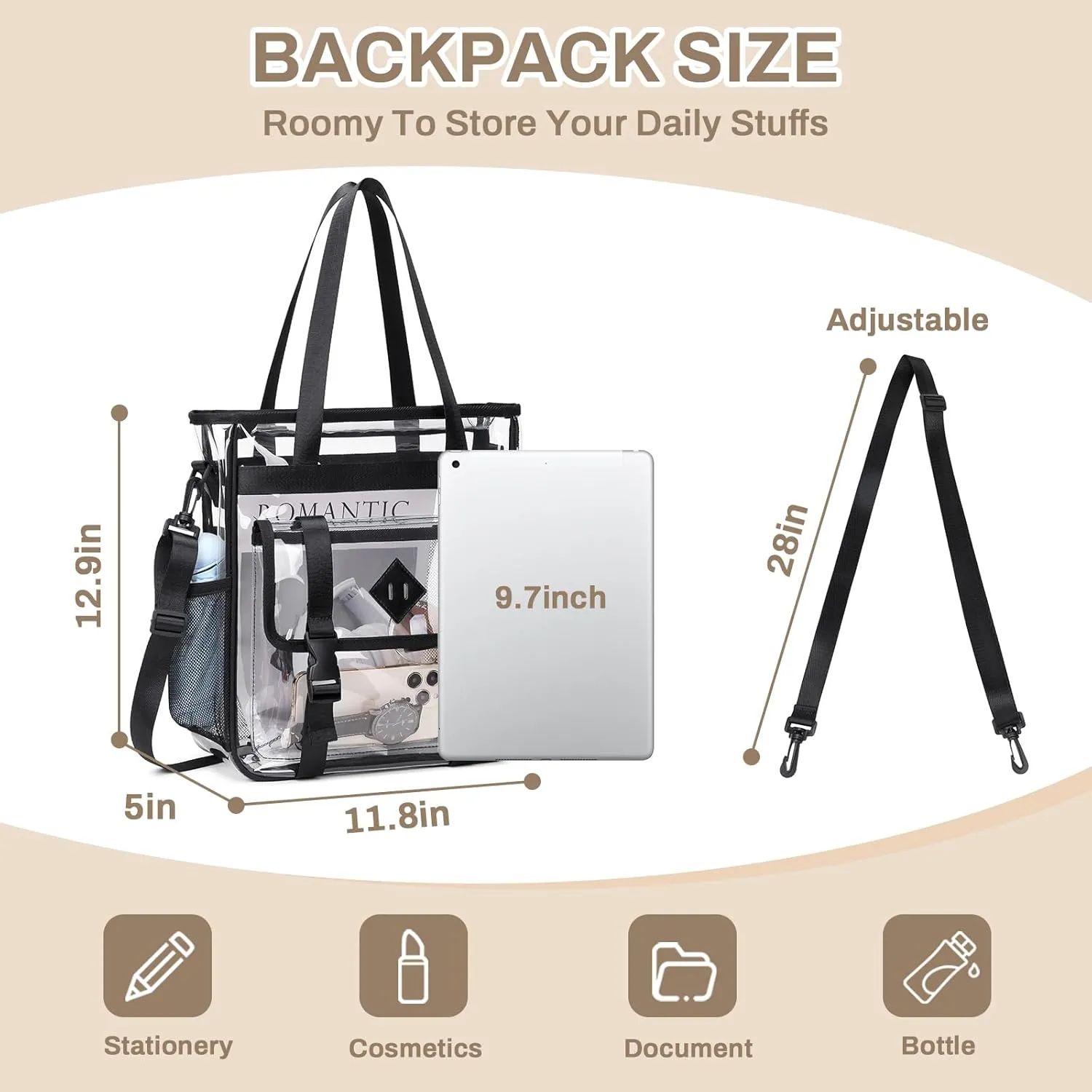 Clear Tote Bag Stadium Approved 12x6x12, Thickened Heavy Duty PVC Transparent Tote Bag Water Resistant