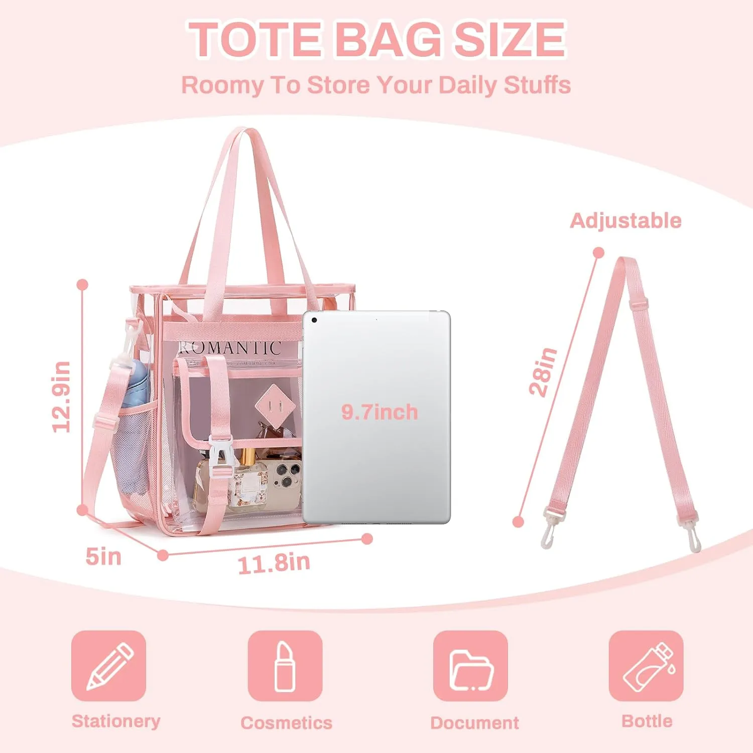 Clear Tote Bag Stadium Approved 12x6x12, Thickened Heavy Duty PVC Transparent Tote Bag Water Resistant