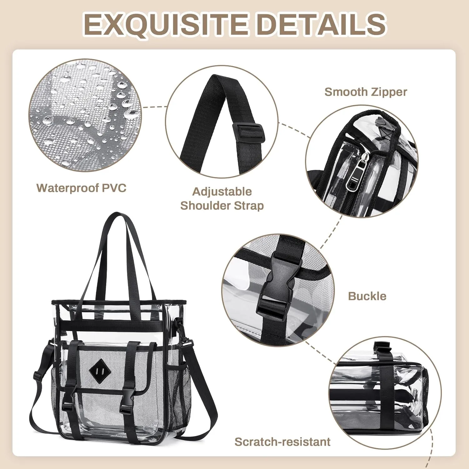 Clear Tote Bag Stadium Approved 12x6x12, Thickened Heavy Duty PVC Transparent Tote Bag Water Resistant