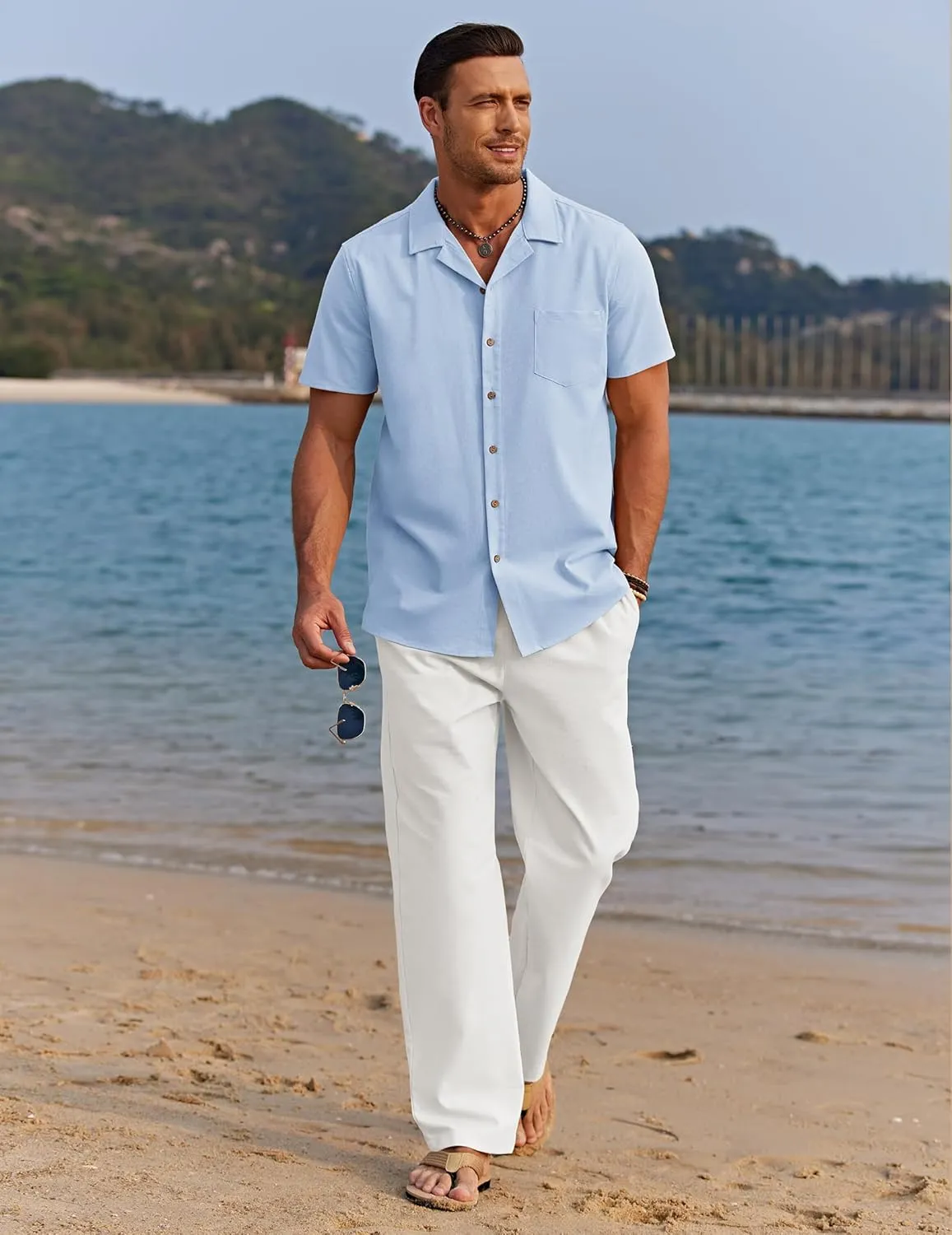 COOFANDY Men 2 Piece Linen Outfit Beach Button Down Shirt Casual Loose Pant Sets