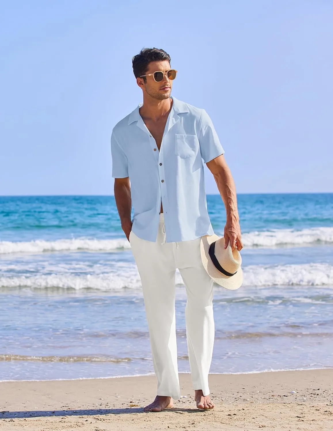 COOFANDY Men 2 Piece Linen Outfit Beach Button Down Shirt Casual Loose Pant Sets