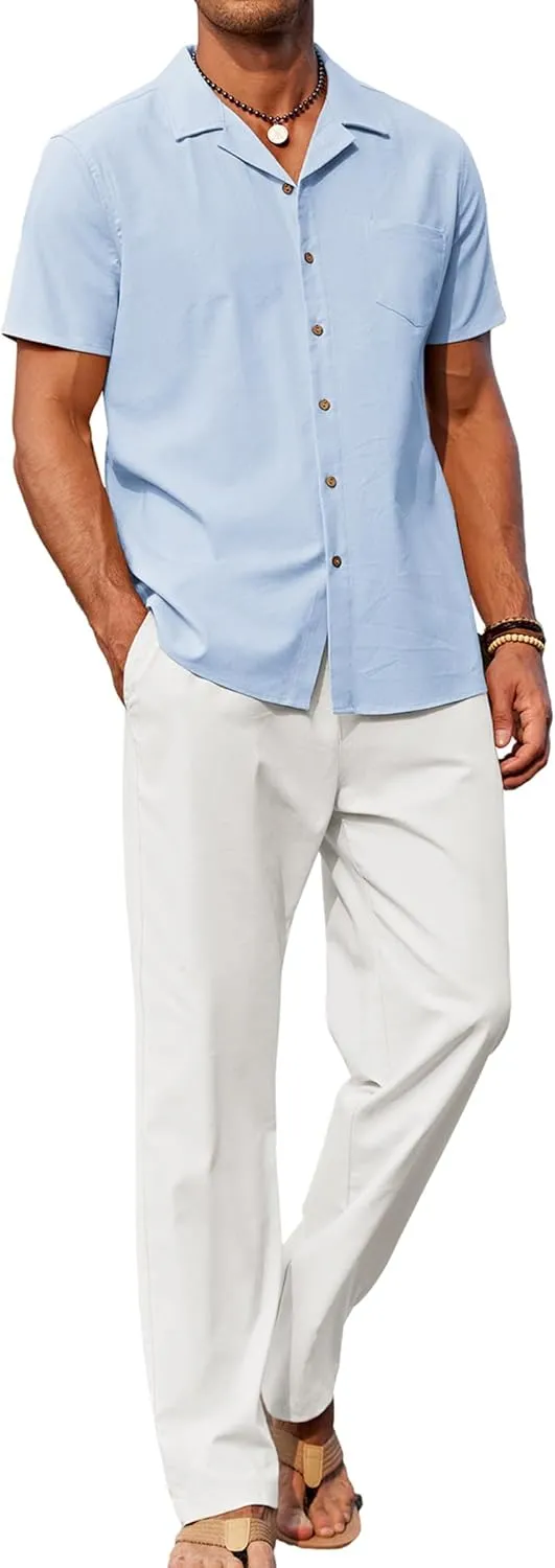 COOFANDY Men 2 Piece Linen Outfit Beach Button Down Shirt Casual Loose Pant Sets