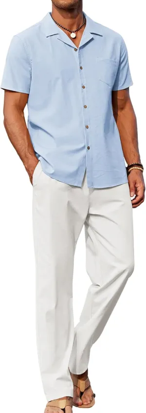 COOFANDY Men 2 Piece Linen Outfit Beach Button Down Shirt Casual Loose Pant Sets