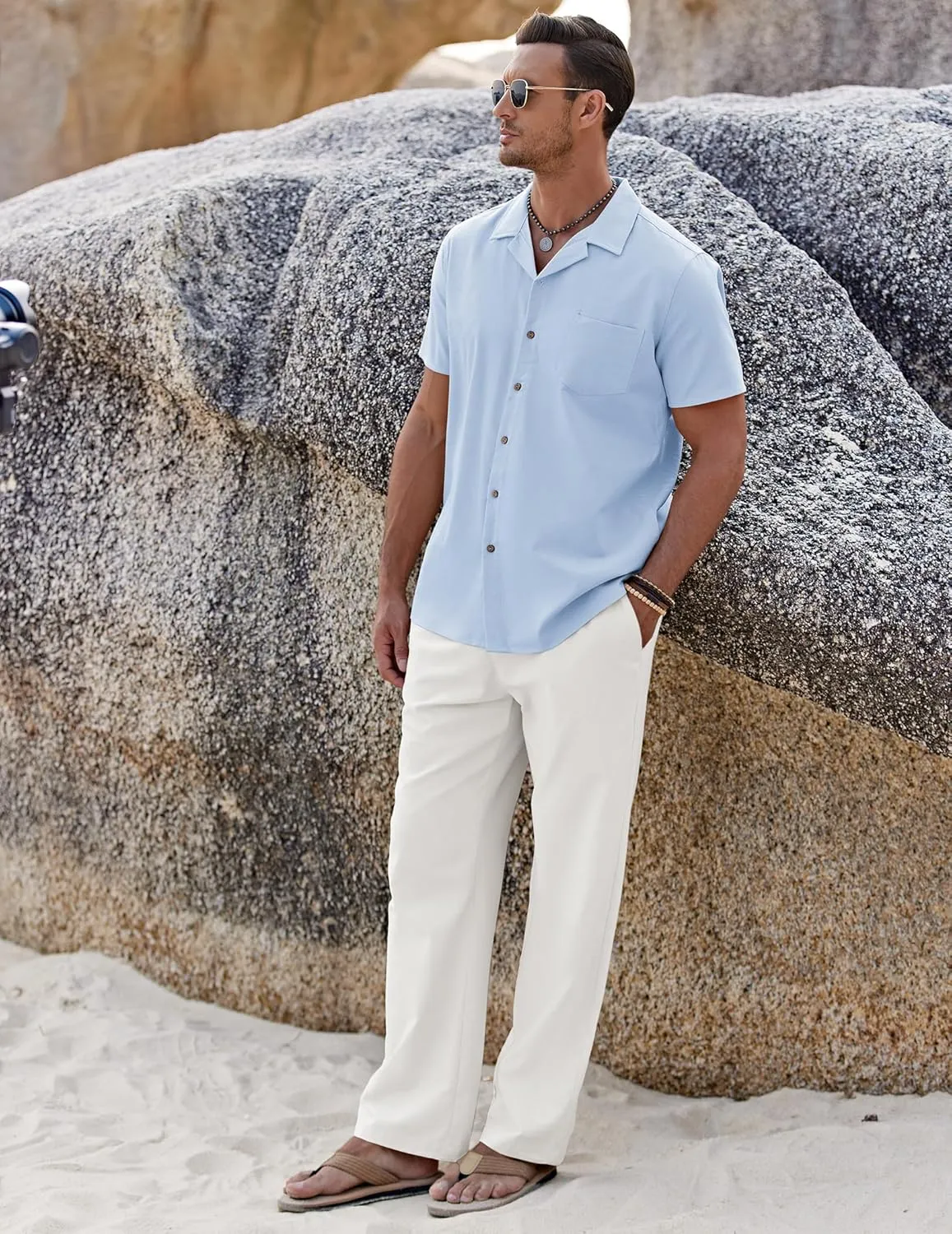 COOFANDY Men 2 Piece Linen Outfit Beach Button Down Shirt Casual Loose Pant Sets