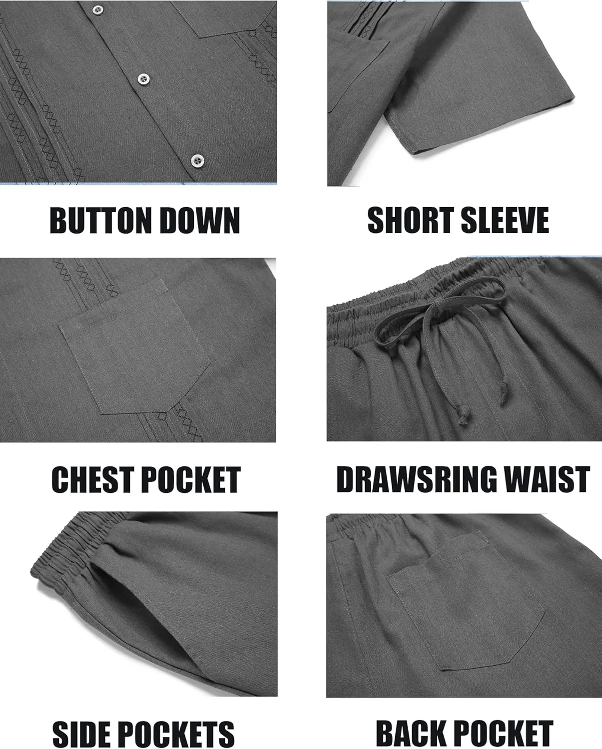 COOFANDY Men Linen Sets Outfits 2 Piece Short Sleeve Cuban Shirts Guayabera Linen Suit