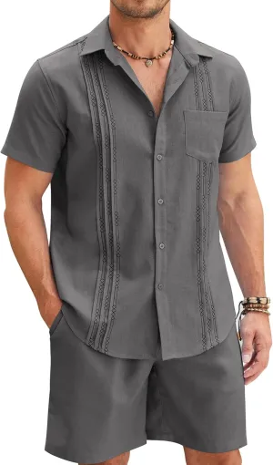 COOFANDY Men Linen Sets Outfits 2 Piece Short Sleeve Cuban Shirts Guayabera Linen Suit