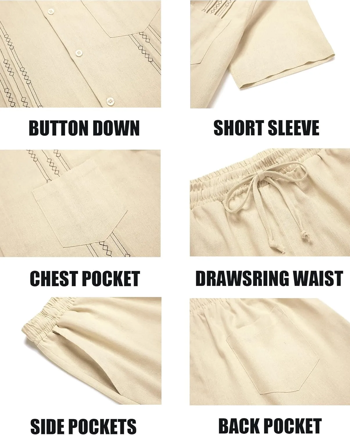 COOFANDY Men Linen Sets Outfits 2 Piece Short Sleeve Cuban Shirts Guayabera Linen Suit