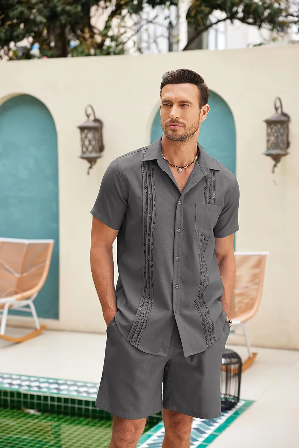 COOFANDY Men Linen Sets Outfits 2 Piece Short Sleeve Cuban Shirts Guayabera Linen Suit