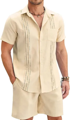 COOFANDY Men Linen Sets Outfits 2 Piece Short Sleeve Cuban Shirts Guayabera Linen Suit