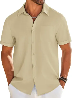 COOFANDY Mens Casual Linen Shirt Short Sleeve Button Down Shirt Summer Beach Shirts with Pocket