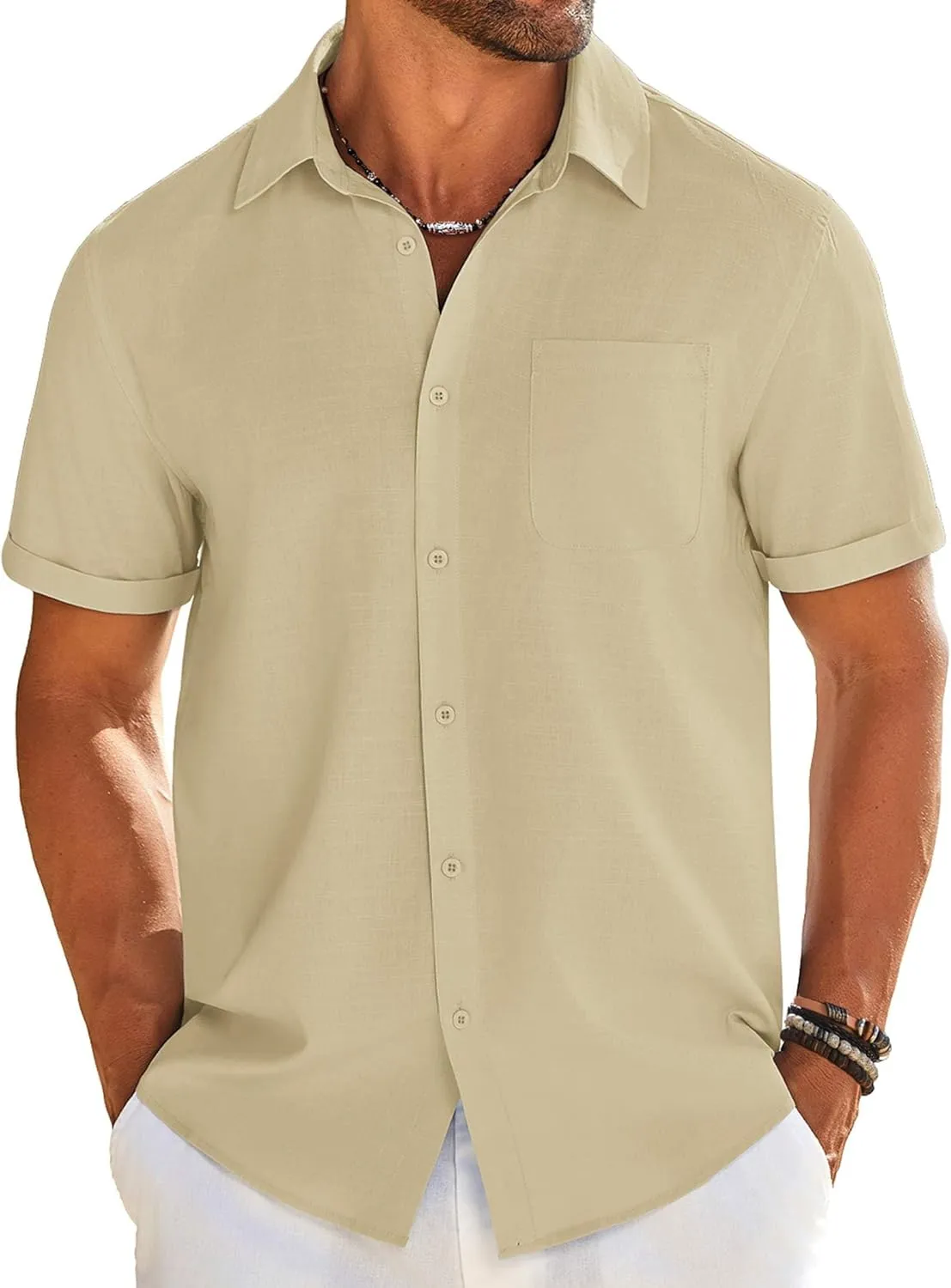 COOFANDY Mens Casual Linen Shirt Short Sleeve Button Down Shirt Summer Beach Shirts with Pocket