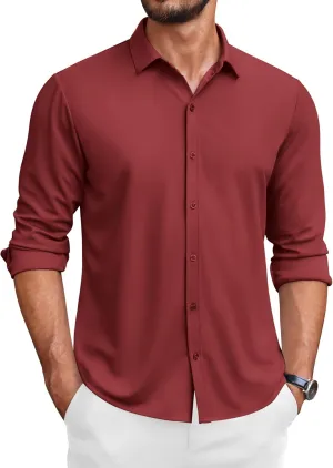 COOFANDY Men's Casual Long Sleeve Dress Shirts Button Down Wrinkle Free Slim Fit Shirt Wine Red
