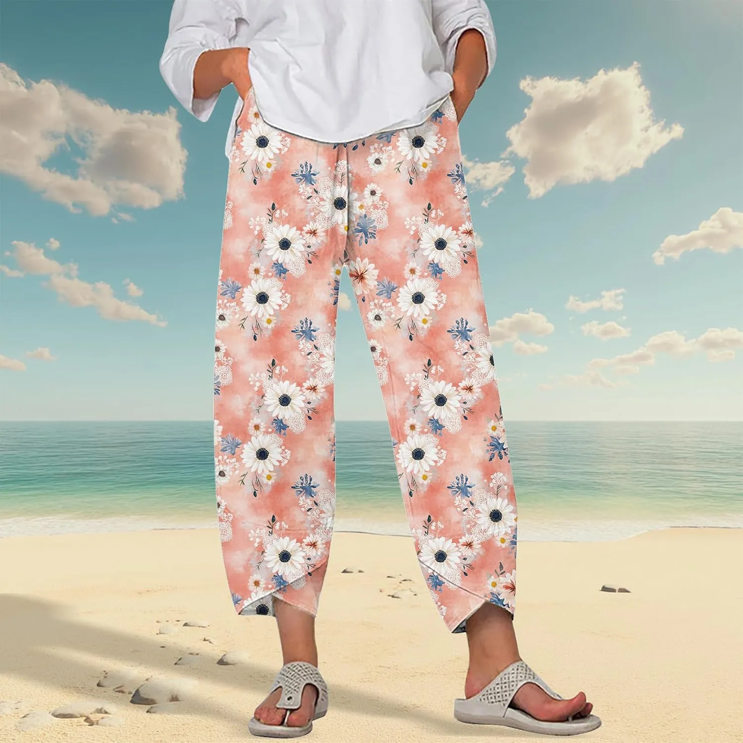 Cotton Linen Capri Pants for Women Summer Wide Leg Comfy Lounge Cropped Pants Plus Size Palazzo Trousers with Pockets