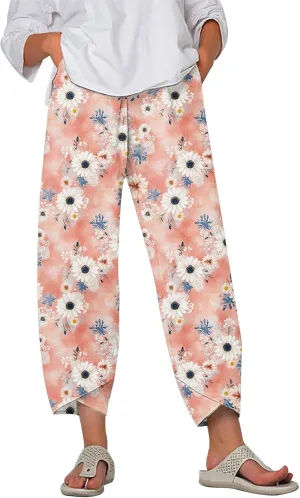 Cotton Linen Capri Pants for Women Summer Wide Leg Comfy Lounge Cropped Pants Plus Size Palazzo Trousers with Pockets