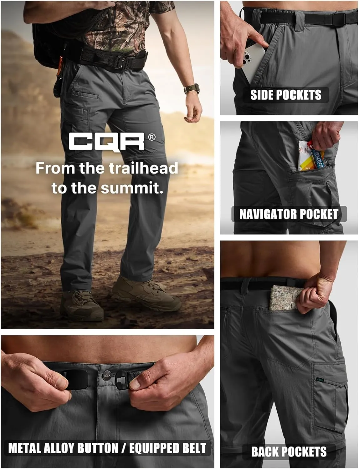CQR Men's Convertible Cargo Tactical Pants, Water Resistant Outdoor Hiking Pants, Zip Off Lightweight Stretch Work Pants