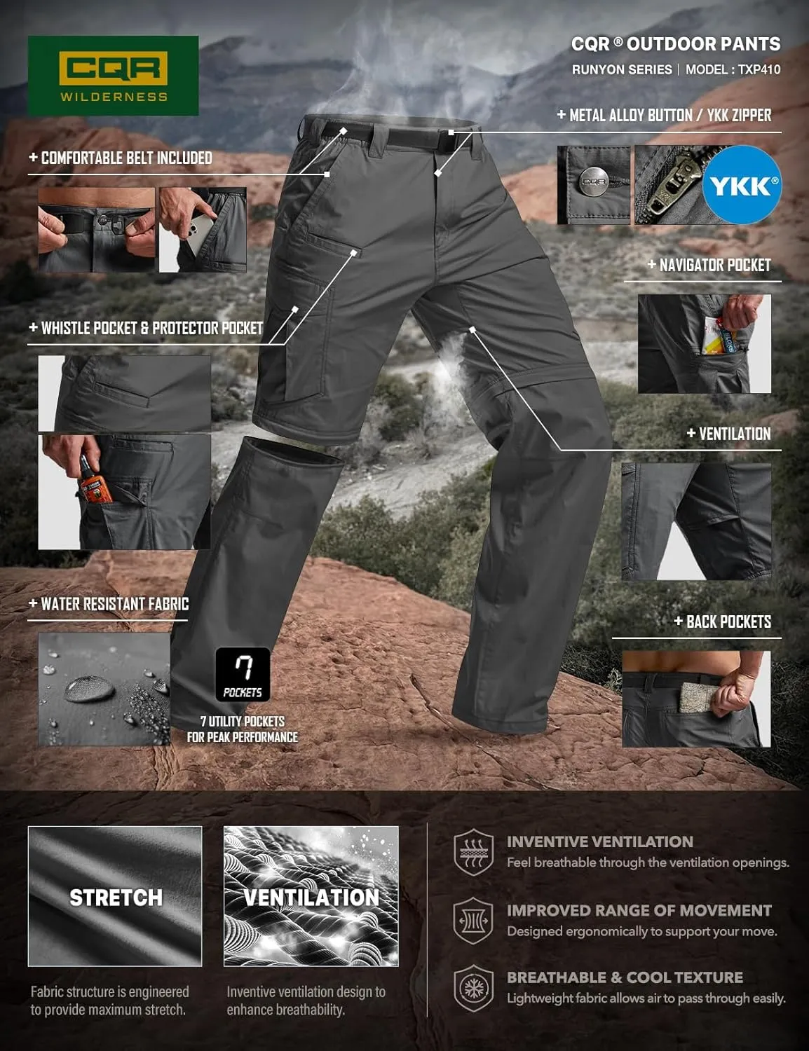 CQR Men's Convertible Cargo Tactical Pants, Water Resistant Outdoor Hiking Pants, Zip Off Lightweight Stretch Work Pants
