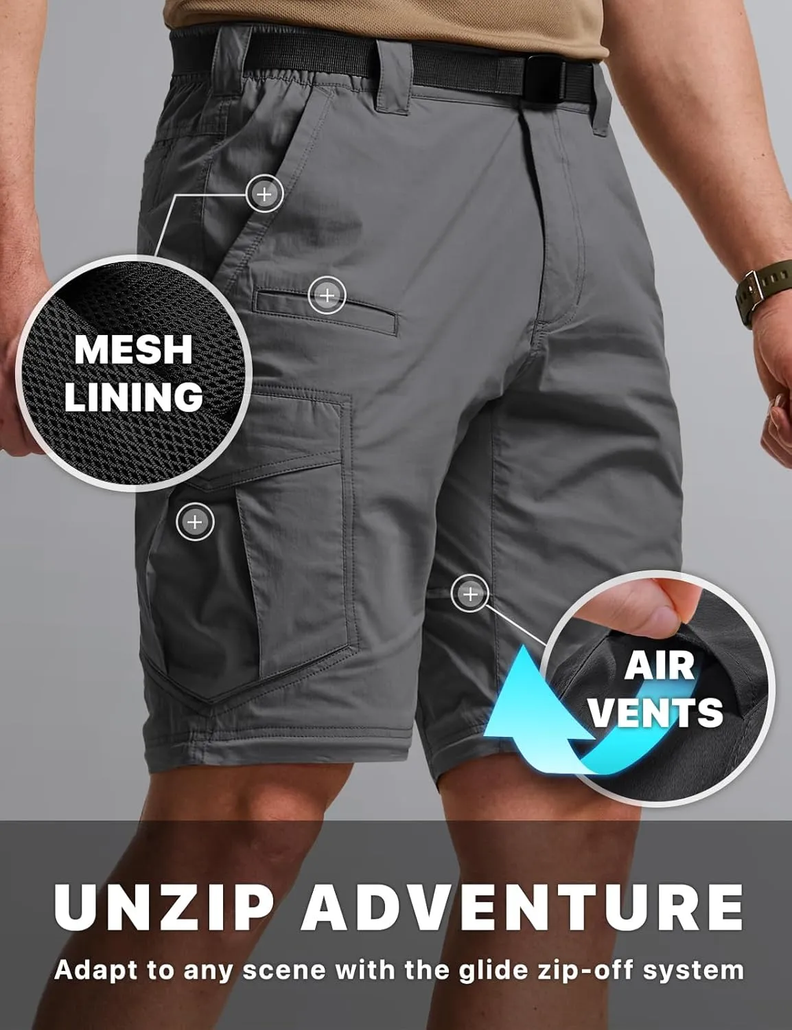 CQR Men's Convertible Cargo Tactical Pants, Water Resistant Outdoor Hiking Pants, Zip Off Lightweight Stretch Work Pants