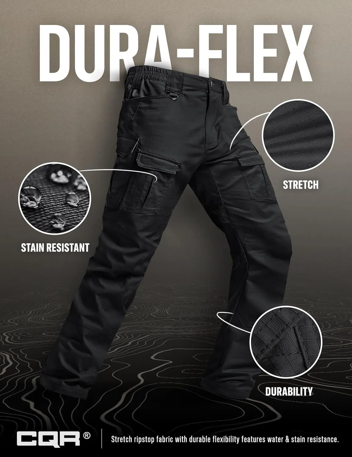 CQR Men's Flex Ripstop Tactical Pants, Water Resistant Stretch Cargo Pants, Lightweight EDC Hiking Work Pants