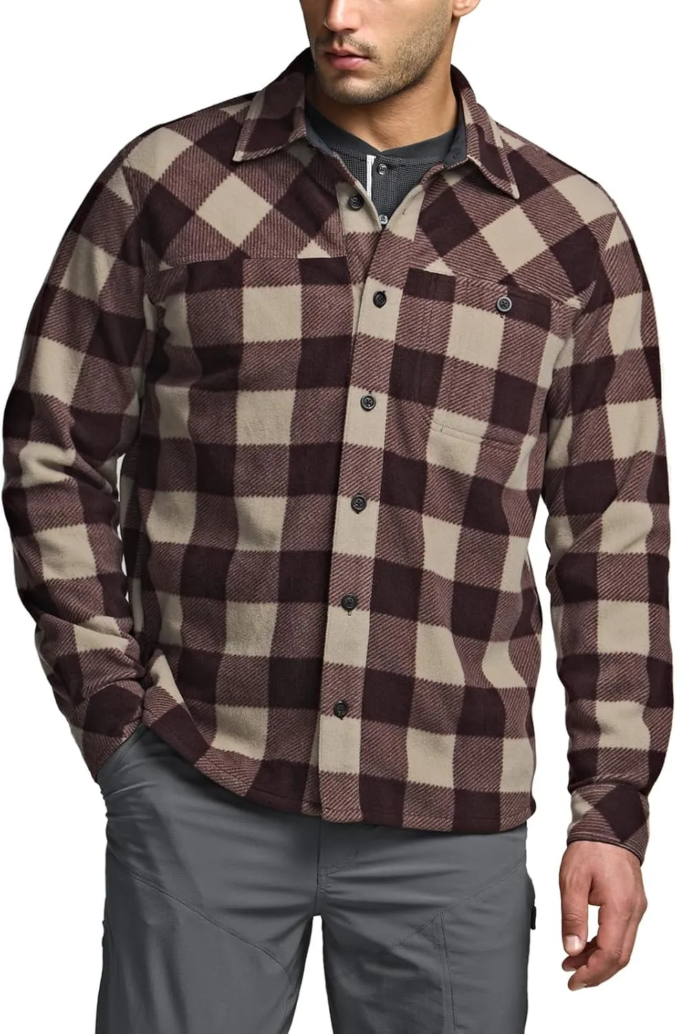 CQR Men's Long Sleeve Heavyweight Fleece Shirts, Plaid Button Up Shirt, Warm Outdoor Casual Shirt with Pockets