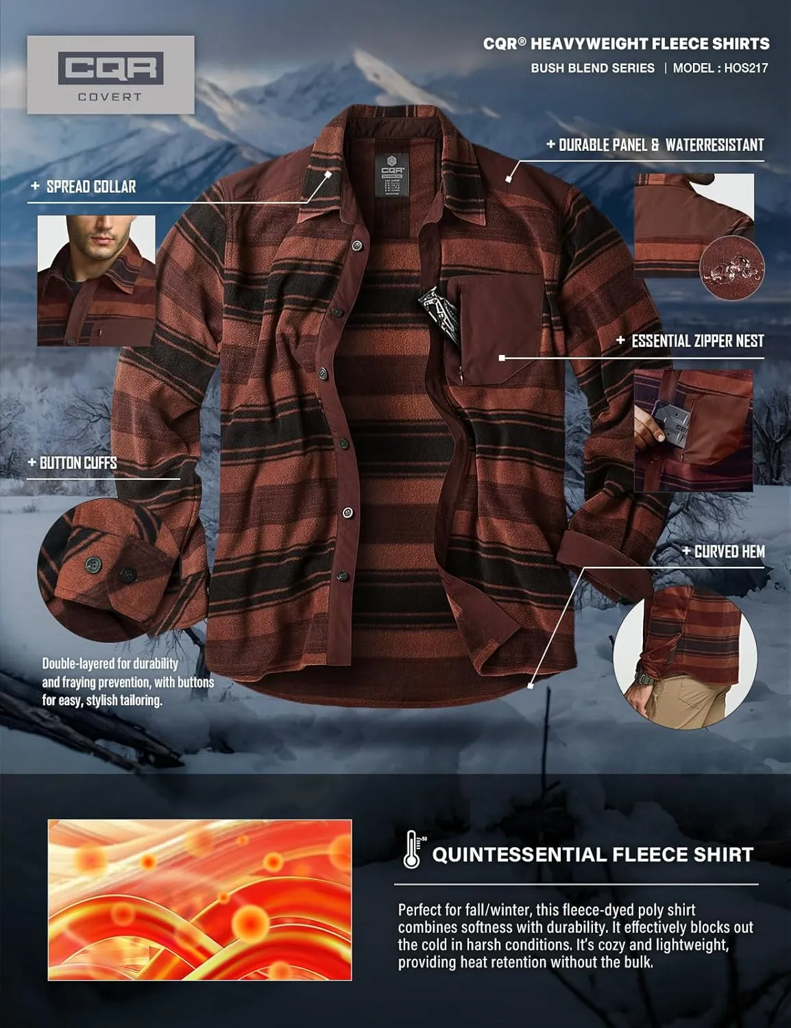 CQR Men's Long Sleeve Heavyweight Fleece Shirts, Plaid Button Up Shirt, Warm Outdoor Casual Shirt with Pockets