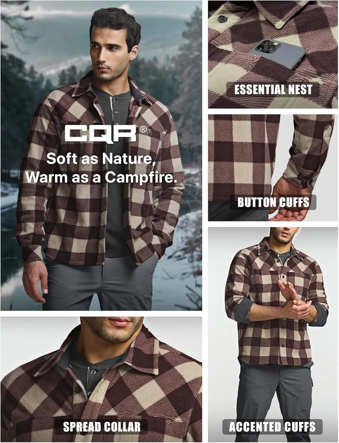 CQR Men's Long Sleeve Heavyweight Fleece Shirts, Plaid Button Up Shirt, Warm Outdoor Casual Shirt with Pockets