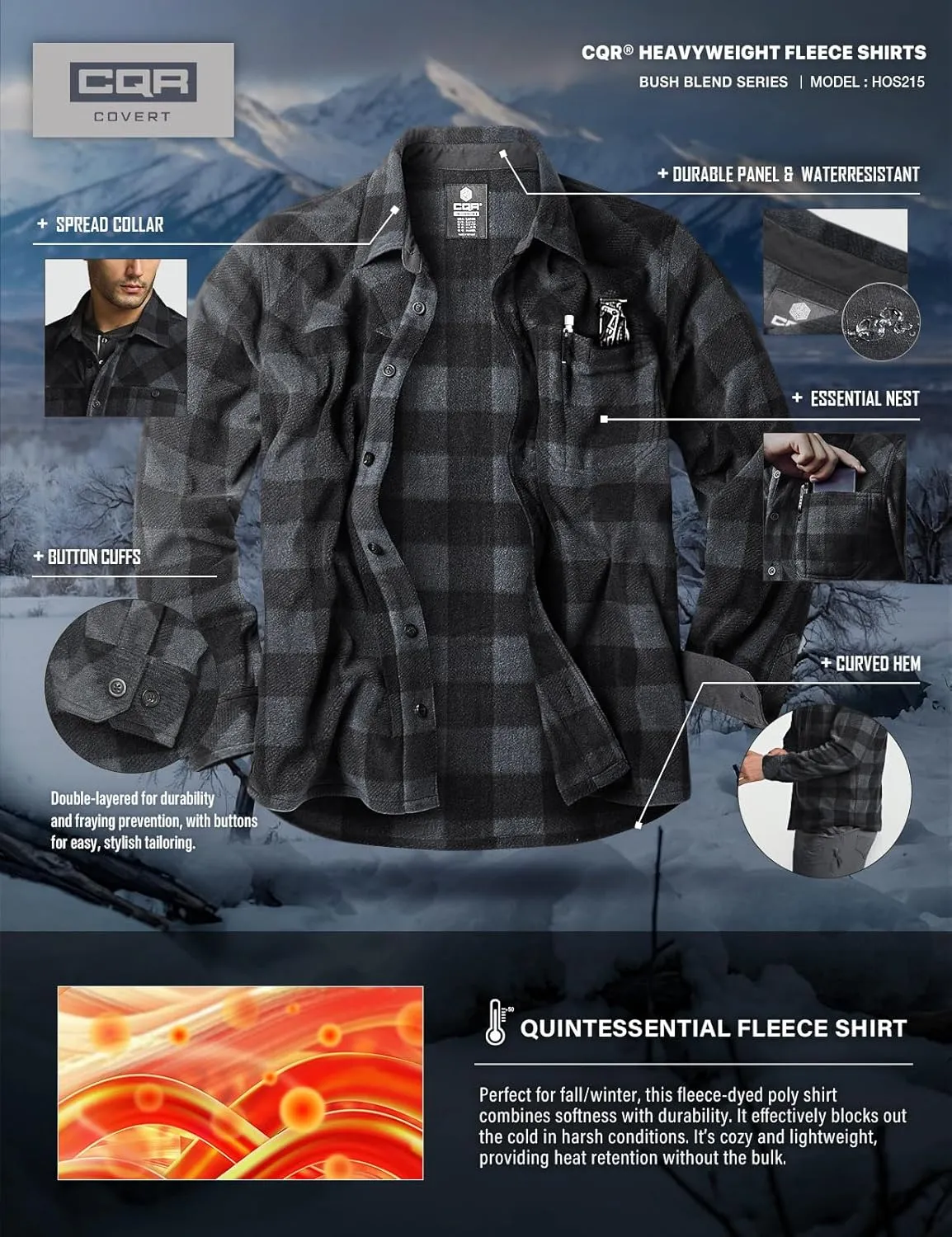 CQR Men's Long Sleeve Heavyweight Fleece Shirts, Plaid Button Up Shirt, Warm Outdoor Casual Shirt with Pockets