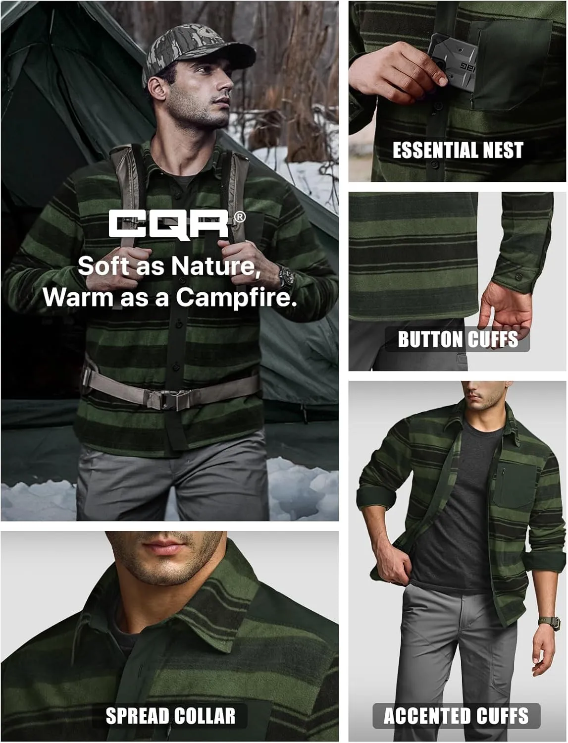 CQR Men's Long Sleeve Heavyweight Fleece Shirts, Plaid Button Up Shirt, Warm Outdoor Casual Shirt with Pockets